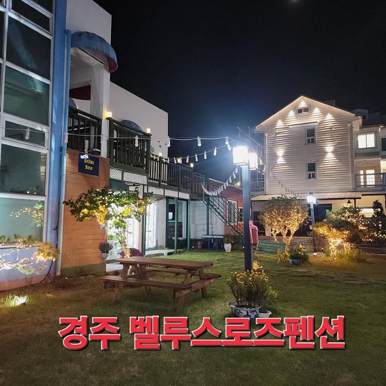 조명과 잔디마당이 있는 펜션 건물 야경입니다.